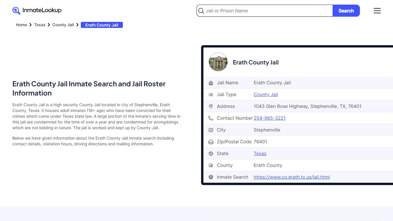 Erath County Jail Inmate Search and Jail Roster Information - Inmate Lookup